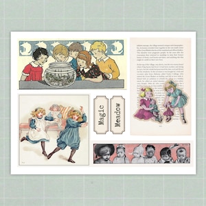 Op de afbeelding: Een collage van vintage illustraties met kinderen en een vissenkom. De afbeeldingen tonen kinderen die naar een vissenkom kijken, twee meisjes die spelen en labels met de woorden "Magic" en "Meadow". Het algemene thema is grillig en nostalgisch.
