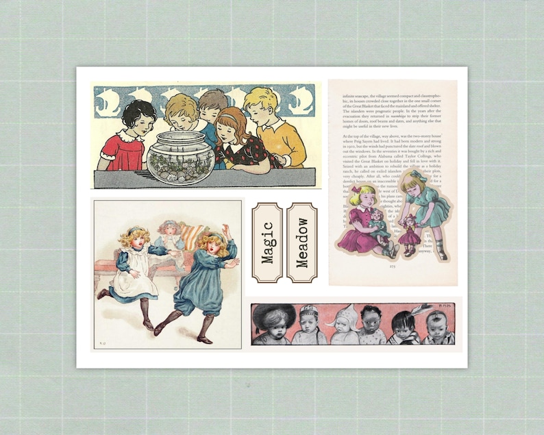 Op de afbeelding: Een collage van vintage illustraties met kinderen en een vissenkom. De afbeeldingen tonen kinderen die naar een vissenkom kijken, twee meisjes die spelen en labels met de woorden "Magic" en "Meadow". Het algemene thema is grillig en nostalgisch.