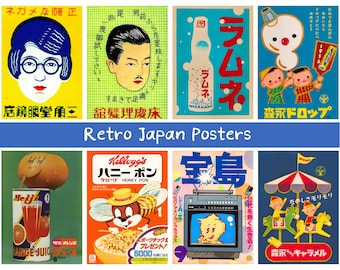 May include: A collection of eight retro Japanese posters. The posters feature colorful illustrations and Japanese text. Themes include advertisements for drinks, food, and entertainment, with a variety of vintage designs and styles.
