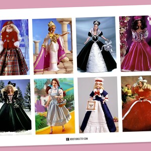 May include: A collage of eight different Barbie dolls wearing various gowns and dresses. The dolls are posed in different settings, including a snowy forest, a yellow brick road, and a garden. The dolls are all wearing different colors and styles of dresses, including a plaid dress, a white dress with a pink cape, a black and white dress, a red dress, a green dress, a blue dress, a white dress with a blue apron, and a red dress with a white sash.