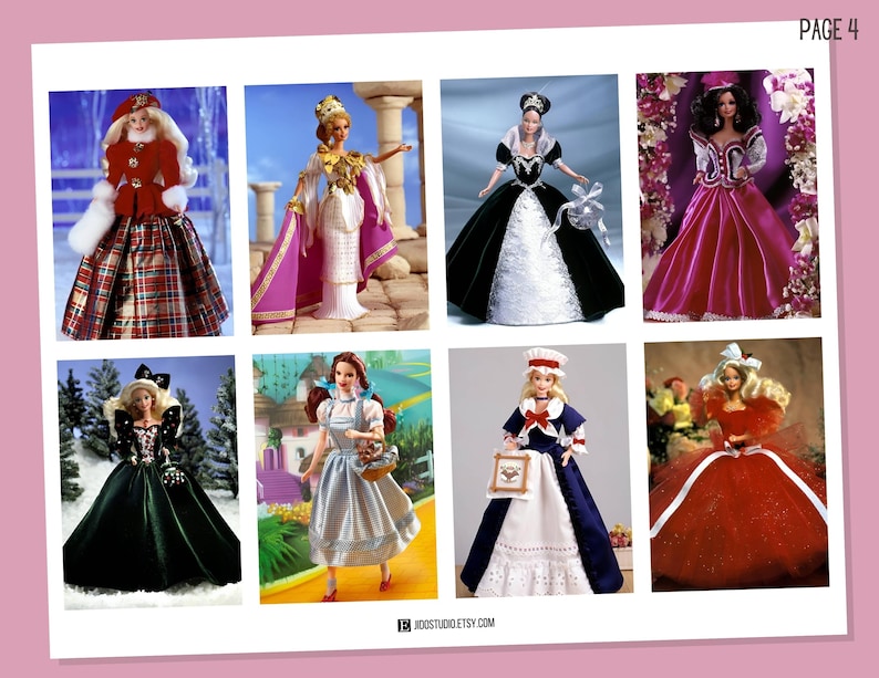 May include: A collage of eight different Barbie dolls wearing various gowns and dresses. The dolls are posed in different settings, including a snowy forest, a yellow brick road, and a garden. The dolls are all wearing different colors and styles of dresses, including a plaid dress, a white dress with a pink cape, a black and white dress, a red dress, a green dress, a blue dress, a white dress with a blue apron, and a red dress with a white sash.