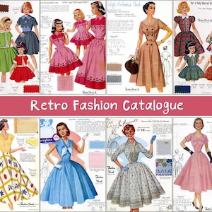 May include: A vintage fashion catalog featuring illustrations of dresses and outfits from the mid-20th century. The catalog showcases various styles, including dresses with full skirts, button-up dresses, and plaid patterns. The text "Retro Fashion Catalogue" is displayed.