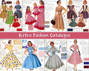Vintage Sewing Pattern Catalog Printable, Retro Dress Fashion Illustration, 1950s Fashion Ephemera Journal Cards (Digital Download)
