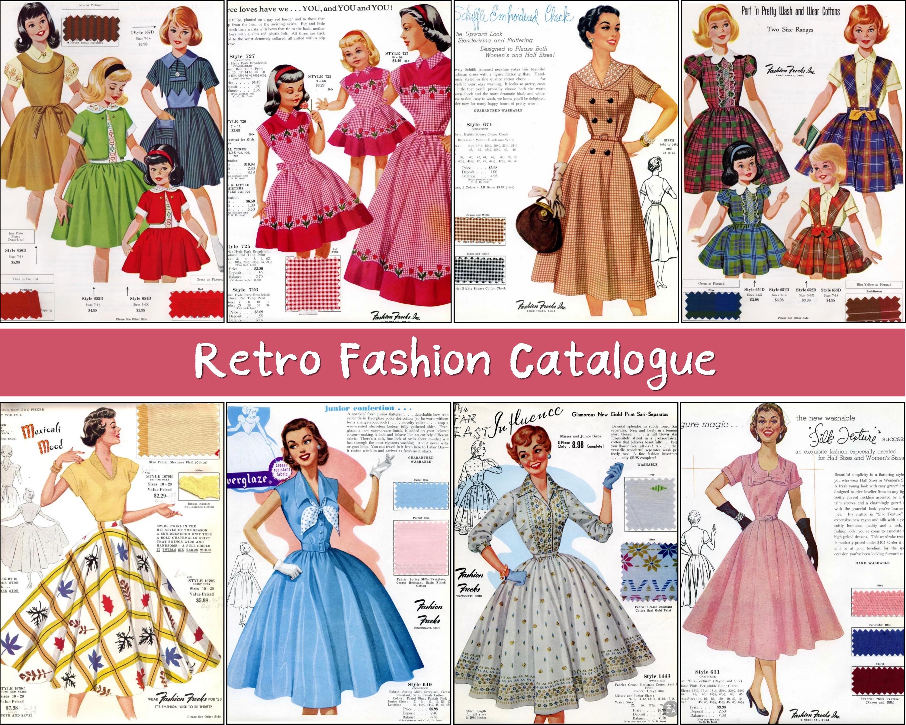 1950s Fashion Catalog Printable, Retro Dress Illustrations, Sewing