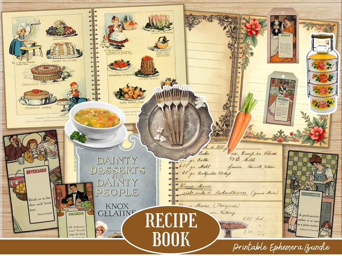 Vintage Cookbook Recipe Collection, Antique Ephemera Printable, Retro ...