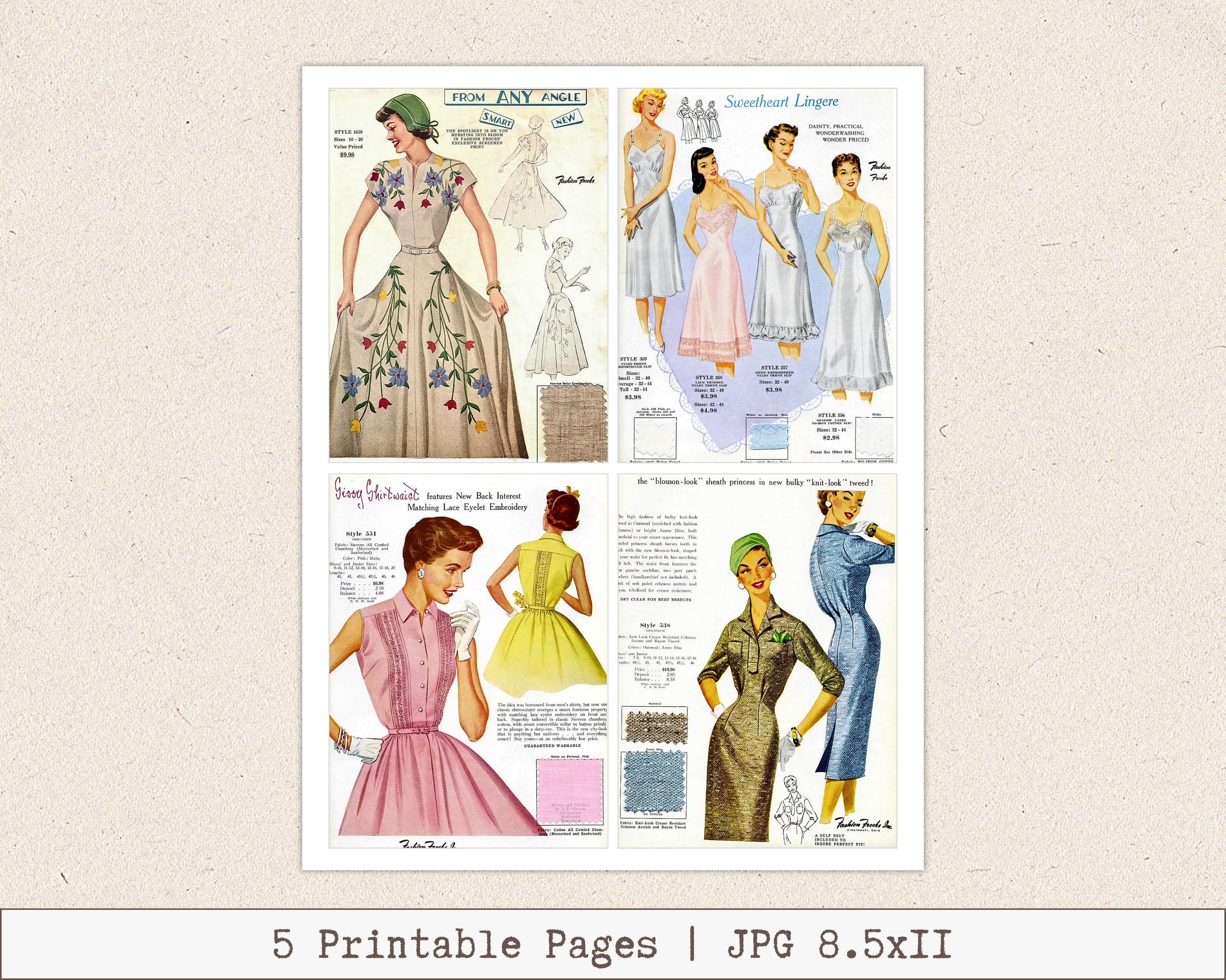 1950s Fashion Catalog Printable, Retro Dress Illustrations, Sewing