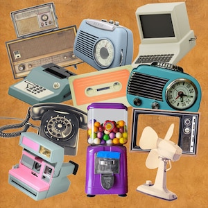 Può includere: Un collage di elettronica ed elettrodomestici vintage. Include radio, un computer, una musicassetta, un telefono, una macchina per le gomme, una fotocamera Polaroid, un televisore e un ventilatore. Gli oggetti sono in vari colori, tra cui blu, rosa e marrone.