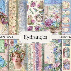 D5 Digital Paper Bundle | Hydrangea | Junk Journal Pages, Tags, Labels, Ephemera | DIGITAL DOWNLOAD
