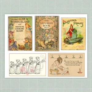 Op de afbeelding: Een collage van vintage boekomslagen, waaronder "Alice in Wonderland" en "The Saturday Book". De illustraties en tekst op de omslagen roepen nostalgie op, met een kleurenpalet van gedempte tinten en een vintage esthetiek. De afbeelding heeft een klassieke uitstraling.