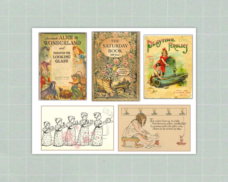 Op de afbeelding: Een collage van vintage boekomslagen, waaronder "Alice in Wonderland" en "The Saturday Book". De illustraties en tekst op de omslagen roepen nostalgie op, met een kleurenpalet van gedempte tinten en een vintage esthetiek. De afbeelding heeft een klassieke uitstraling.