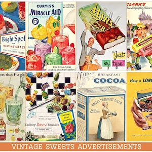 Advertentieverzameling vintage snoepgoed, antieke kortstondige afdrukbare | Collage 20e-eeuwse retro grafische dagboekkaarten | DIGITALE DOWNLOAD