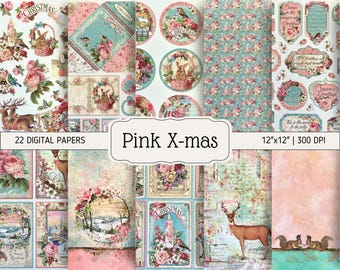 D4 Digital Paper Bundle | Pink X-Mas | Junk Journal Pages, Tags, Labels, Ephemera | DIGITAL DOWNLOAD