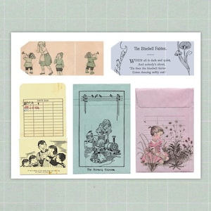 Op de afbeelding: Een verzameling vintage ephemera, waaronder labels, kaarten en een envelop. De items bevatten illustraties van kinderen, fee&euml;n en een trein. Tekst bevat "The Bluebell Fairies" en een gedicht.