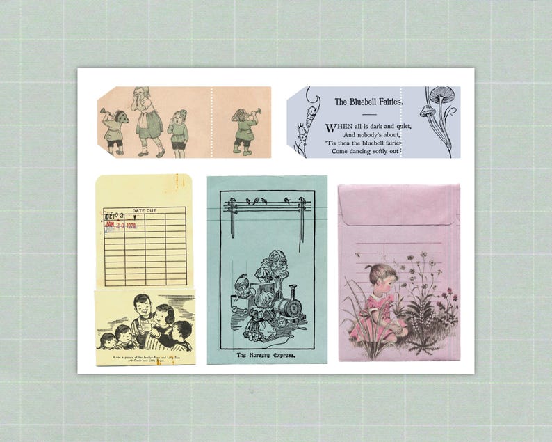 Op de afbeelding: Een verzameling vintage ephemera, waaronder labels, kaarten en een envelop. De items bevatten illustraties van kinderen, fee&euml;n en een trein. Tekst bevat "The Bluebell Fairies" en een gedicht.
