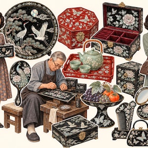 Op de afbeelding: Een collectie zwart lakwerk met ingelegde parelmoeren motieven van kraanvogels, vlinders en bloemen, waaronder juwelendoosjes, een theeservies op een rood dienblad, een fruitschaal op voet, een handspiegel en een kam.