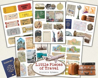 Travel Junk Journal Kit Printable, Vintage Travel Ephemera, Ticket Tags Passport Collage, Adventure Scrapbook Pages, Maps (Digital Download)
