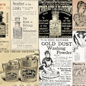 May include: A collage of vintage black and white advertisements featuring The Crown Perfumery Co. lavender salts, Heather of the Links perfume, Crab-Apple Blossoms, Gold Dust Washing Powder, and the Re-Zee-Zee ice cream freezer.