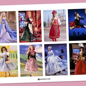 May include: A collage of eight different Barbie dolls dressed in various costumes. The dolls are wearing dresses, gowns, and other outfits. The dolls are posed in different positions, some are standing, some are sitting, and some are flying. The dolls are all wearing different hairstyles and makeup. The dolls are all smiling and looking happy. The dolls are all surrounded by different backgrounds, some are in front of a city skyline, some are in front of a forest, and some are in front of a castle.