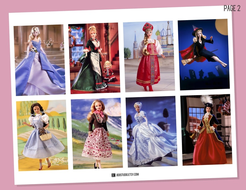 May include: A collage of eight different Barbie dolls dressed in various costumes. The dolls are wearing dresses, gowns, and other outfits. The dolls are posed in different positions, some are standing, some are sitting, and some are flying. The dolls are all wearing different hairstyles and makeup. The dolls are all smiling and looking happy. The dolls are all surrounded by different backgrounds, some are in front of a city skyline, some are in front of a forest, and some are in front of a castle.