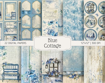 D3 Digital Paper Bundle | Blue Cottage | Junk Journal Pages, Tags, Labels, Ephemera | DIGITAL DOWNLOAD