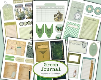 Earthy Green Junk Journal Elements Vintage Ephemera Bundle | Scrapbooking Embellishments, Tag, Envelope, Label, Fussy Cut | DIGITAL DOWNLOAD