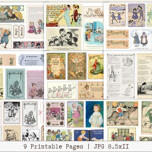 Op de afbeelding: Een collage van negen afdrukbare pagina's met vintage illustraties en tekst. De pagina's bevatten afbeeldingen van kinderen, dieren en sc&egrave;nes uit klassieke verhalen. De tekst bevat titels als "Alice in Wonderland". De afbeelding is gelabeld "9 Printable Pages | JPG 8.5xII".