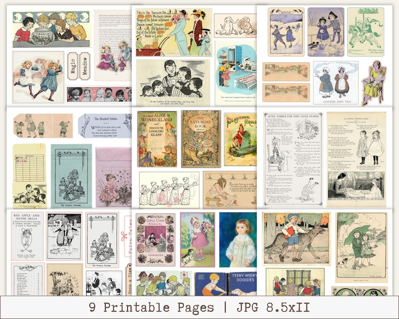 Op de afbeelding: Een collage van negen afdrukbare pagina's met vintage illustraties en tekst. De pagina's bevatten afbeeldingen van kinderen, dieren en sc&egrave;nes uit klassieke verhalen. De tekst bevat titels als "Alice in Wonderland". De afbeelding is gelabeld "9 Printable Pages | JPG 8.5xII".