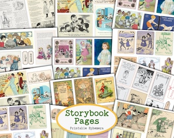 Vintage Children Book Ephemera Printable, Nursery Rhyme Junk Journal Kit, Storybook Illustrations, Kids Book Pages (Digital Download)