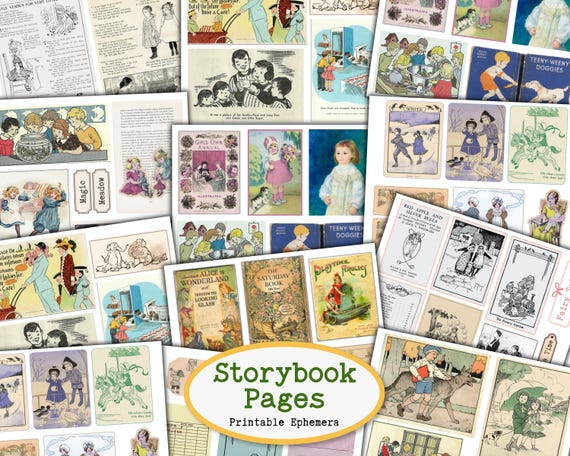 Vintage Children Book Ephemera Printable, Nursery Rhyme Junk Journal Kit, Storybook Illustrations, Kids Book Pages (Digital Download)