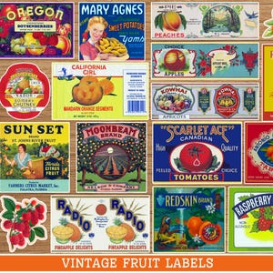 Étiquettes de produit vintage pour conserves de fruits, imprimables, publicités avec logo éphémère vintage à graphisme rétro | TÉLÉCHARGEMENT NUMÉRIQUE