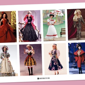 May include: A collage of eight different Barbie dolls wearing various outfits. The dolls are all wearing different dresses, skirts, and accessories. The dolls are all posed in different ways, and the background is a variety of colors.