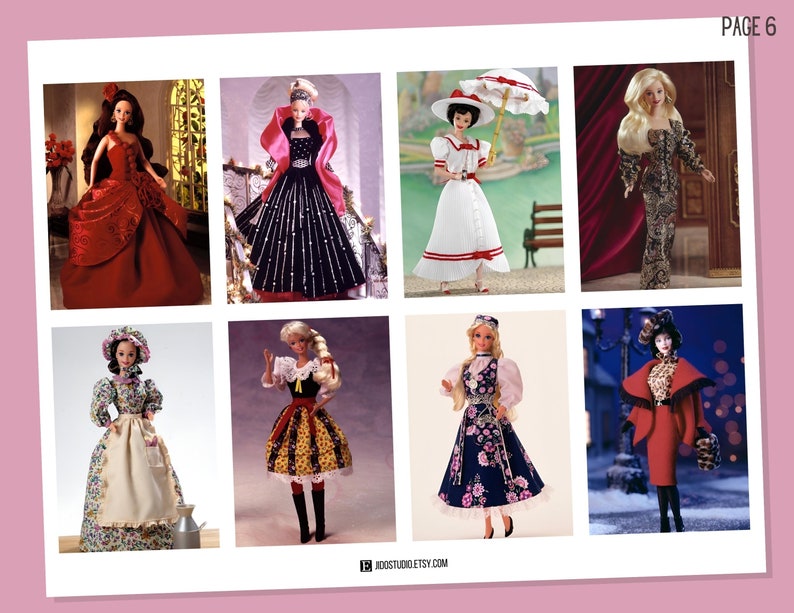 May include: A collage of eight different Barbie dolls wearing various outfits. The dolls are all wearing different dresses, skirts, and accessories. The dolls are all posed in different ways, and the background is a variety of colors.