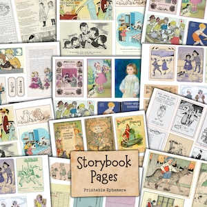 Op de afbeelding: Een verzameling vintage sprookjespagina's, met illustraties en tekst uit kinderboeken. De afbeeldingen tonen sc&egrave;nes met kinderen, dieren en verschillende boekcovers. Het kleurenpalet is zacht, met een focus op pastelkleuren en sepiatinten.