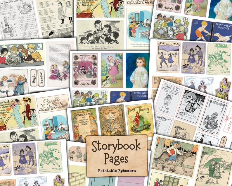 Op de afbeelding: Een verzameling vintage sprookjespagina's, met illustraties en tekst uit kinderboeken. De afbeeldingen tonen sc&egrave;nes met kinderen, dieren en verschillende boekcovers. Het kleurenpalet is zacht, met een focus op pastelkleuren en sepiatinten.