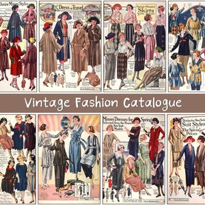 Könnte beinhalten: Ein Vintage-Modekatalog mit Illustrationen von Damenbekleidung aus dem frühen 20. Jahrhundert. Der Katalog zeigt verschiedene Stile, darunter Kleider, Röcke und Reisekleidung, mit Texten wie "New York's Latest Junior Misses Styles" und "Vintage Fashion Catalogue."