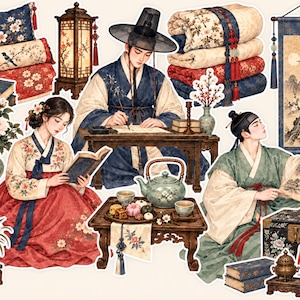 Könnte beinhalten: Eine Sammlung von Aufklebern mit traditionellen koreanischen Elementen, darunter Personen in Hanbok, ein Holztisch mit Teekanne und Snacks, gestapelte gemusterte Kissen, eine Hängerolle, eine Laterne, Blumenvasen und Bücher auf hellem Grund.