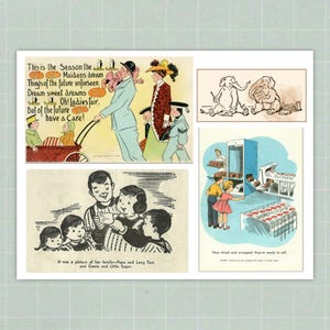 Op de afbeelding: Een collage van vintage illustraties. E&eacute;n toont een gezin met de tekst: "It was a picture of her family-Papa and Long Tom and Connie and Little Sugar." Een andere toont een man die een kinderwagen duwt met de tekst: "This is the Season the Maidens dream."