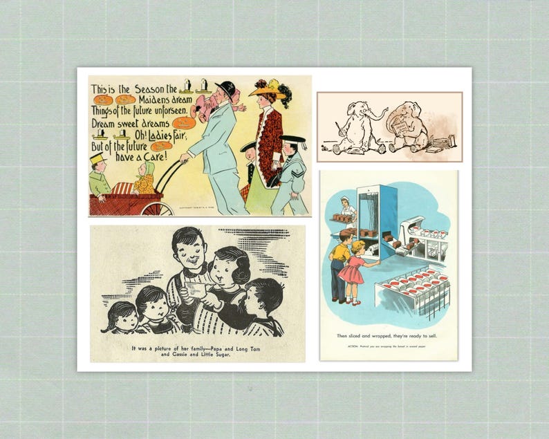 Op de afbeelding: Een collage van vintage illustraties. E&eacute;n toont een gezin met de tekst: "It was a picture of her family-Papa and Long Tom and Connie and Little Sugar." Een andere toont een man die een kinderwagen duwt met de tekst: "This is the Season the Maidens dream."