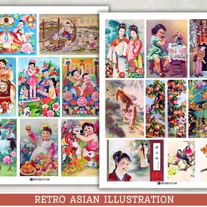 Posters et livres anciens de Chine ancienne Ephemera | vintage illustration asiatique arrière-plan graphique feuille de collage de journalisation | TÉLÉCHARGEMENT NUMÉRIQUE