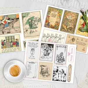 Op de afbeelding: Een verzameling vintage sprookjesillustraties en boekomslagen, met sc&egrave;nes met kinderen, dieren en tekst. De afbeeldingen zijn gerangschikt op een wit oppervlak, met een kopje koffie en bloemen.