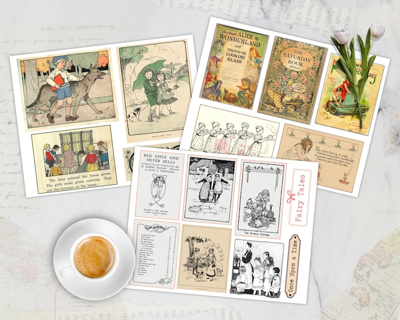 Op de afbeelding: Een verzameling vintage sprookjesillustraties en boekomslagen, met sc&egrave;nes met kinderen, dieren en tekst. De afbeeldingen zijn gerangschikt op een wit oppervlak, met een kopje koffie en bloemen.