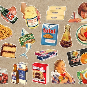 Vol. 2 Fussy Cut Collage Sheet Printable | Produto alimentício retrô, lanche de despensa | Scrapbooking, itens efêmeros, adesivo Goodnotes | DOWNLOAD DIGITAL
