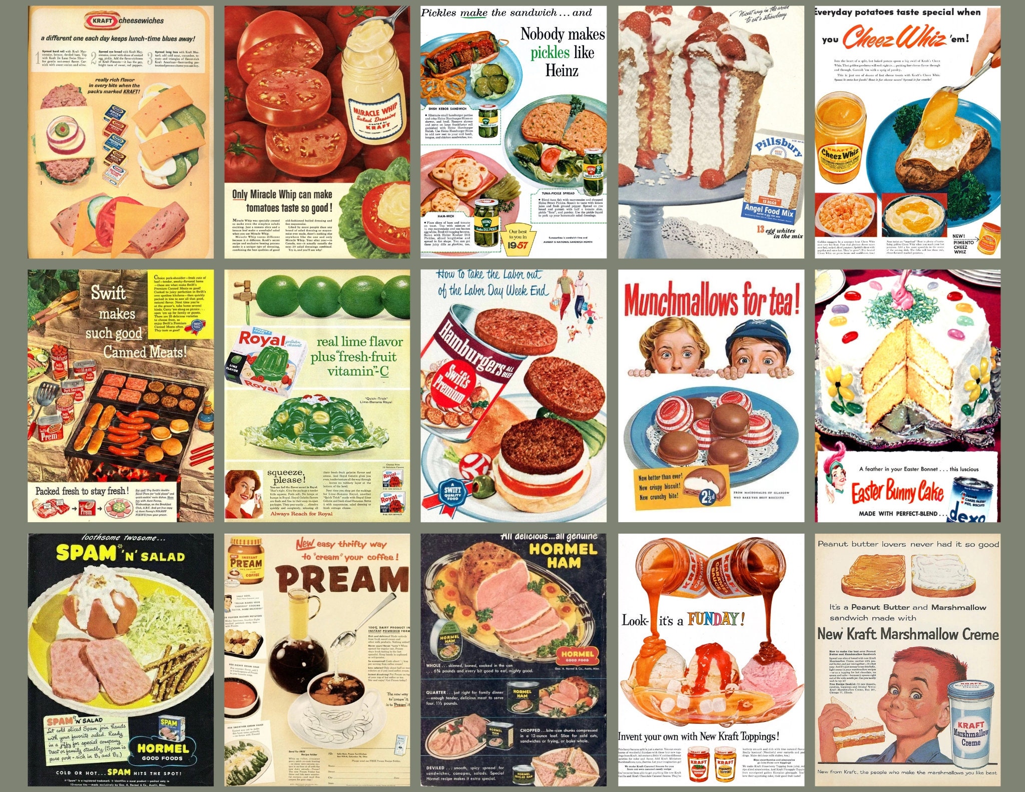 Páginas de revista de propaganda de comida retrô dos anos 1950 | Folha de colagem de pôster de anúncio de comida de despensa de cozinha vintage para impressão | DOWNLOAD DIGITAL