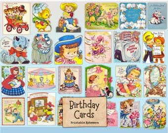Può includere: Una collezione di biglietti di compleanno vintage con varie illustrazioni. I biglietti presentano immagini di bambini, animali e composizioni floreali. Il testo "Birthday Cards Printable Ephemera" è visibile su una carta marrone.