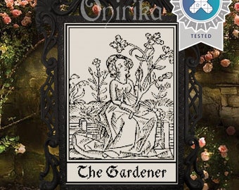 The Gardener Cross Stitch Pattern – Medieval Botanical Embroidery – Monochrome PDF Sampler – Pattern Keeper – Digital Download Tapestry