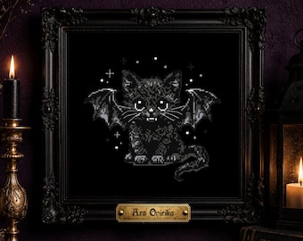 Patrón de punto de cruz de gatito vampiro: bordado de gato gótico (PDF) - Gráfico de una página