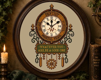 Patrón de punto de cruz del reloj de cocina de La Madriguera – Bordado de la mágica familia Weasley (PDF)