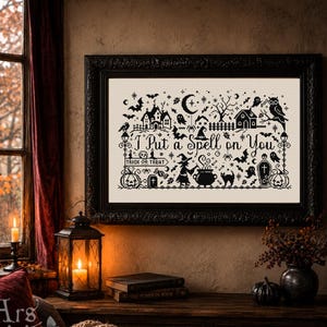 Halloween Sampler Cross Stitch Pattern – I Put a Spell on You PDF, Witch Cottage, Blackwork Embroidery, Gothic Halloween Decor