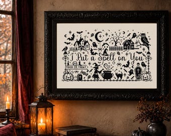 Patrón de punto de cruz de muestrario de Halloween – Te he hechizado (PDF), Cabaña de bruja, Bordado en negro, Decoración gótica de Halloween