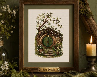 Patrón de punto de cruz de puerta de hobbit, PDF de acogedora cabaña de fantasía, patrón de bordado de casa mágica